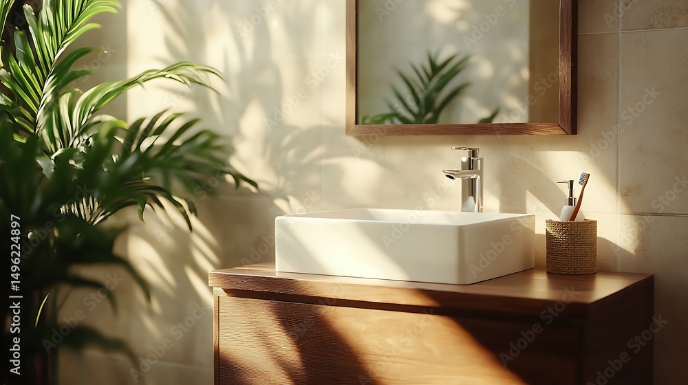 Fototapeta premium Bathroom interior with white bathtub, mirror and plants.