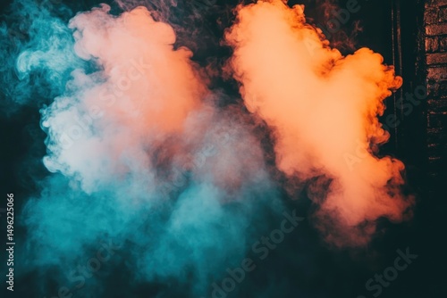 Colorful smoke swirls, dark background, urban setting, abstract art