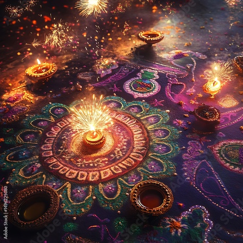Colorful rangoli patterns with diyas and sparklers.