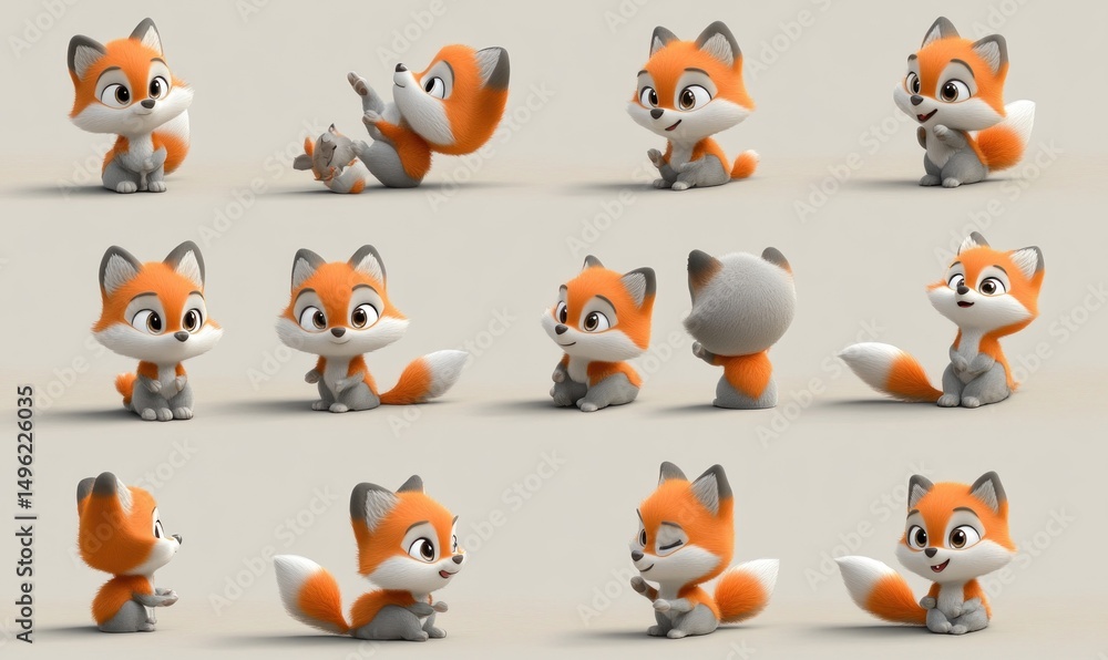 Obraz premium Cute fox character poses; animation, illustration