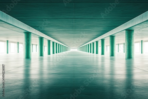 A long, symmetrical perspective of a teal-toned concrete corridor with evenly spaced columns receding to a bright end