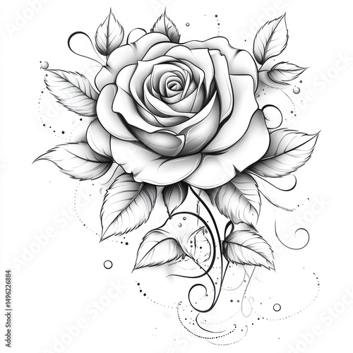 Elegant grayscale rose drawing, floral design, artistic illustration, for tattoo or print