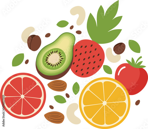Colorful fresh fruits and nuts vector illustration with avocado, kiwi, strawberry, tomato, citrus slices, and leaves in natural style 