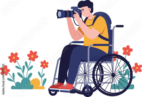 Photographer in wheelchair capturing nature with camera and flowers in colorful outdoor setting vector illustration 