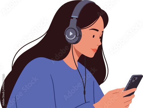 A young woman listening to music on her smartphone