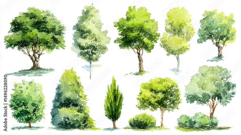 Obraz premium Hand-drawn Watercolor Green Tree Collection for Creative Designs