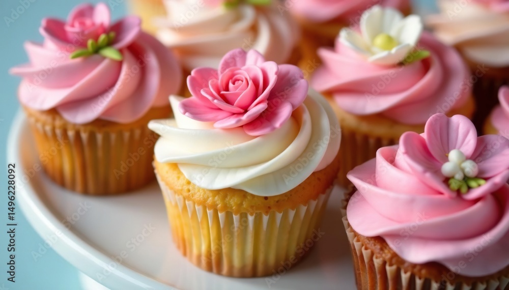 Close-up of pretty cupcakes, decorated with flowers, prettycupcakes, spring Close-up of pretty cupcakes, decorated with flowers, prettycupcakes, spring