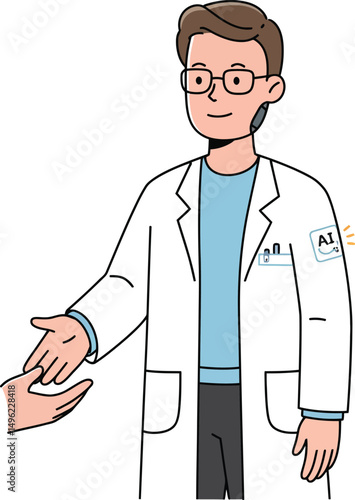 Male doctor in white coat shaking hand offering medical assistance helping patients vector illustration 