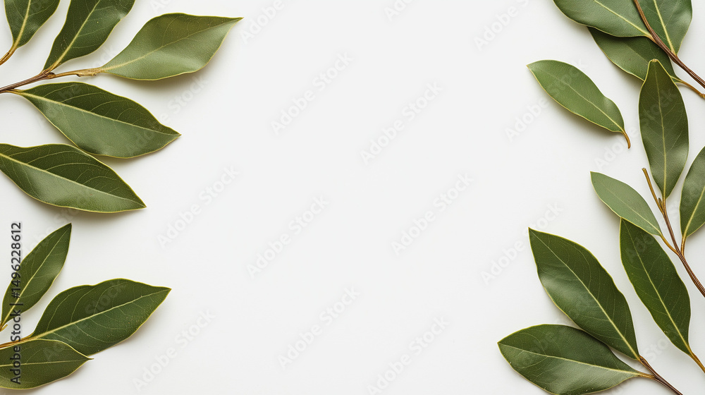 Naklejka premium Dried bay leaves scattered on a clean frame of white background. 