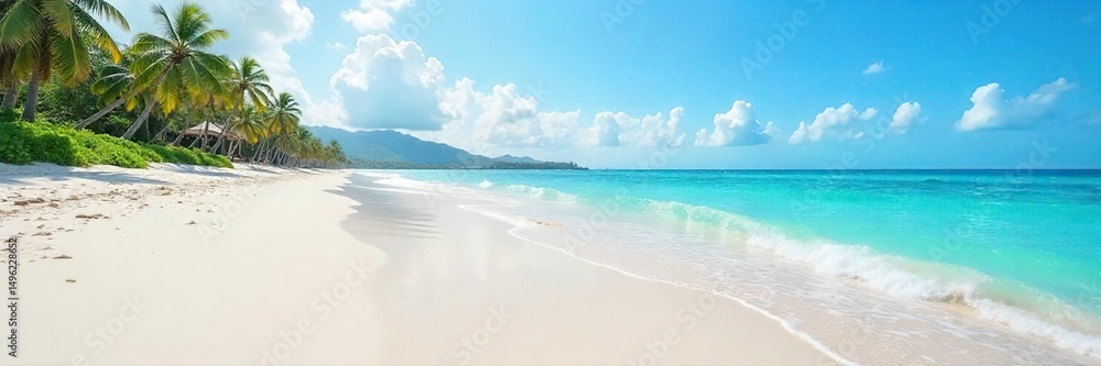 Fototapeta premium Sun-drenched beach scene featuring pristine white sand, gentle waves lapping the shore, and a tranquil blue sky Perfect for travel, vacation, or summer themes , pattern, waves