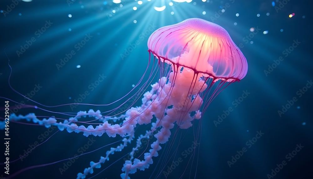 Fototapeta premium Glowing Jellyfish Swimming in Deep Blue Sea with Light Rays