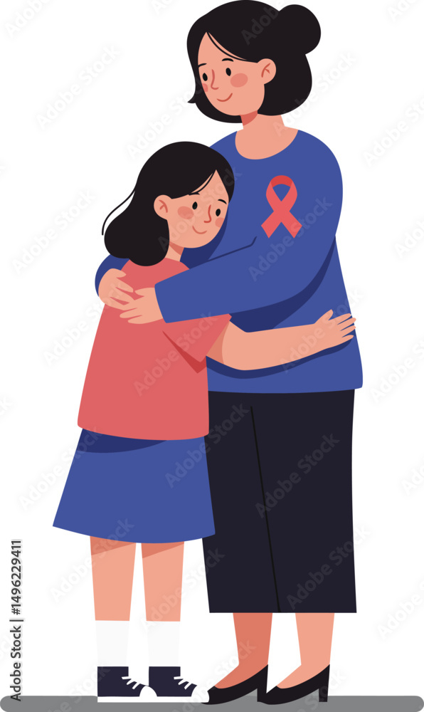 Fototapeta premium Mother and daughter hugging with pink ribbon breast cancer awareness symbol on blue shirt vector illustration 