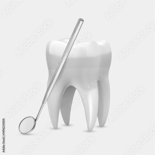 3D illustration of a tooth with dental mirror isolated on a grey background. Dentistry design with 3d tooth and dental mirror