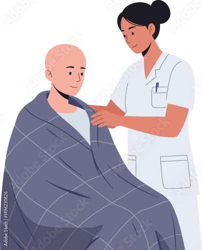 Nurse comforting patient with blanket in healthcare setting caring for ill person vector illustration 