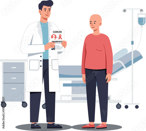 Doctor explaining cancer diagnosis to patient in hospital room illustration vector