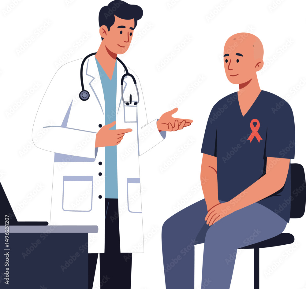Male doctor consulting cancer patient with awareness ribbon in medical office vector illustration Male doctor consulting cancer patient with awareness ribbon in medical office vector illustration