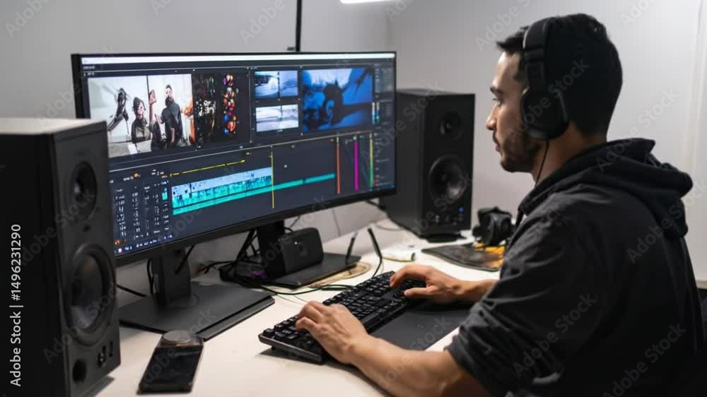 Video Editor Working on a Project in His Studio with Professional Equipment Video Editor Working on a Project in His Studio with Professional Equipment