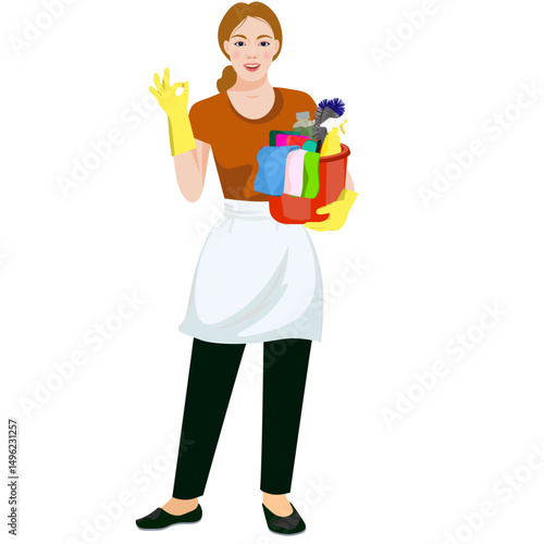 girl cleaning with bucket in hand vector no background