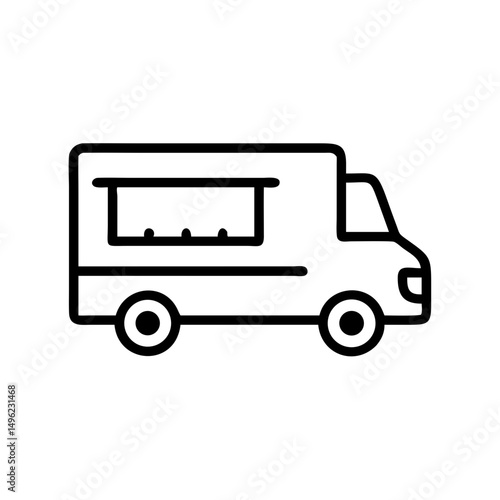 Simple graphic of a food dispensing vehicle with a serving window and two wheels shown