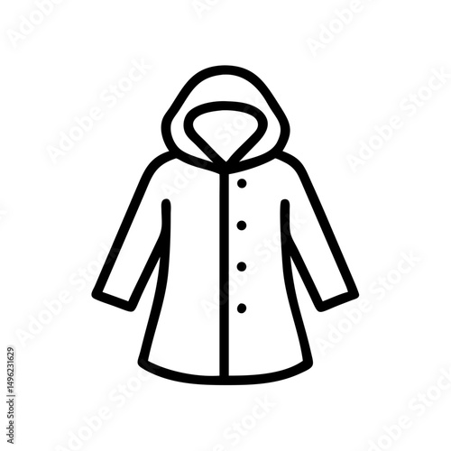 Simple outline drawing of a hooded raincoat with buttons down the front in black and white style