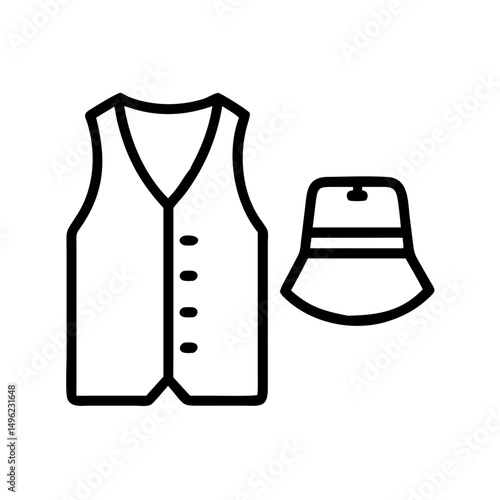 A waistcoat with buttons and a bucket hat are displayed in a simple graphic representation style