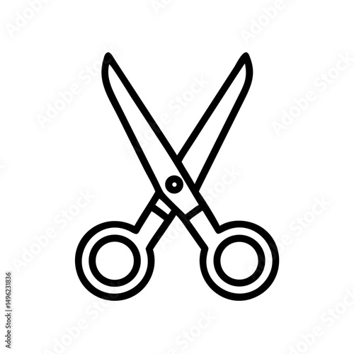 Outline drawing of open cutting tool with two blades and circular handles on a white background image