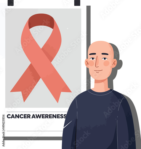Cancer awareness poster with ribbon and man illustration promoting health education and support for patients and survivors 