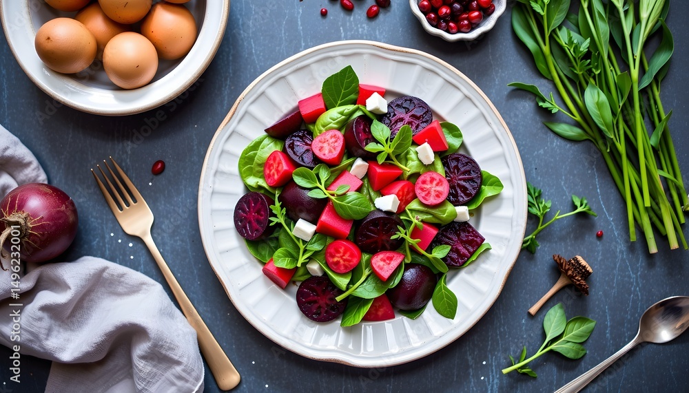Vibrant beetroot salad with fresh ingredients kitchen table food photography bright lighting culinary art Vibrant beetroot salad with fresh ingredients kitchen table food photography bright lighting culinary art