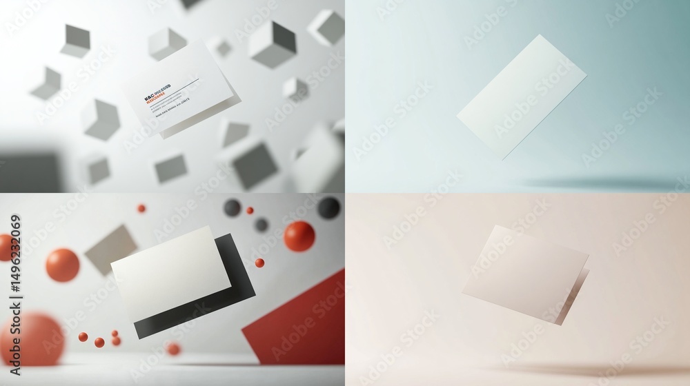 Mockup of business cards in various colors and backgrounds with geometric shapes and spheres Mockup of business cards in various colors and backgrounds with geometric shapes and spheres