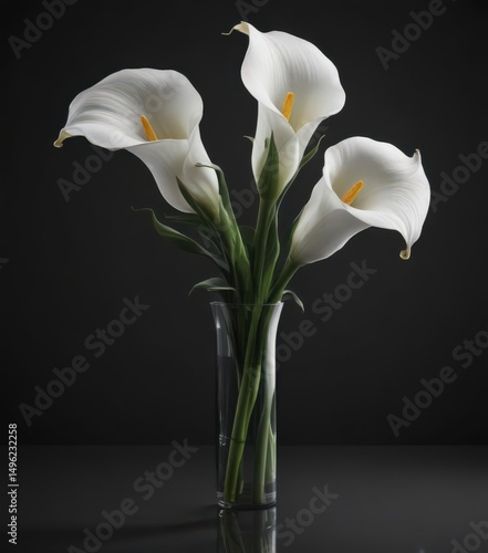 Fototapeta Naklejka Na Ścianę i Meble -  Stunning calla lilies, pristine white against deep black, creating a dramatic reflection ,  memorial,  decoration