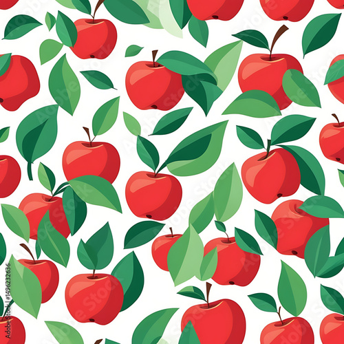 Red apple fruit pattern with green leaves