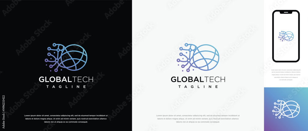 Fototapeta premium Global technology logo design vector concept. Global technology connection logo icon.