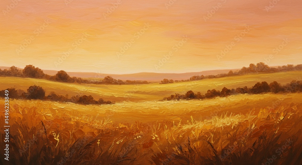 Fototapeta premium Golden Sunset Landscape Painting Rolling Hills Wheat Field Warm Colors Impressionistic Style