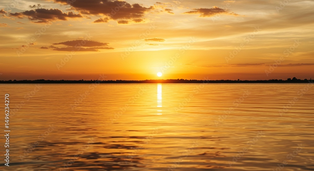 Fototapeta premium Golden Sunset over Calm Water Serene River Landscape at Dusk
