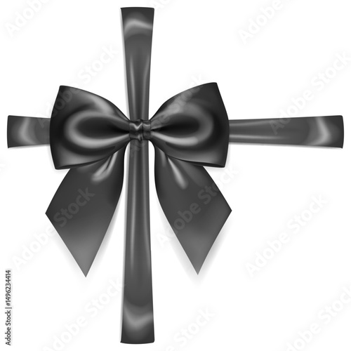 A vibrant vector illustration with beautiful large black shiny bow with cross ribbons and soft shadow on white background, perfect for gift wrapping or decorative purposes.
