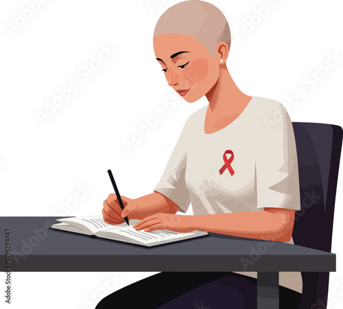 Woman with cancer awareness ribbon writing in notebook at desk vector illustration in thoughtful pose 