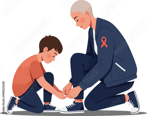 Child tying shoelaces for adult with cancer awareness ribbon on jacket in supportive gesture vector illustration 