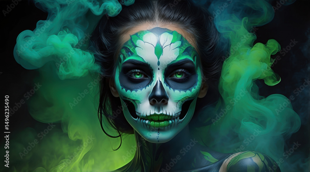 Mesmerizing face painting of a woman with skull design, emphasizing green accents, surrounded by ethereal smoke in a dark background. Perfect for artistic, festive, or cultural themes Mesmerizing face painting of a woman with skull design, emphasizing green accents, surrounded by ethereal smoke in a dark background. Perfect for artistic, festive, or cultural themes