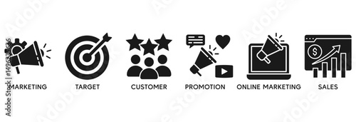 Advertising icon set vector illustration concept relate to marketing, target, customer, promotion, online marketing, and sales