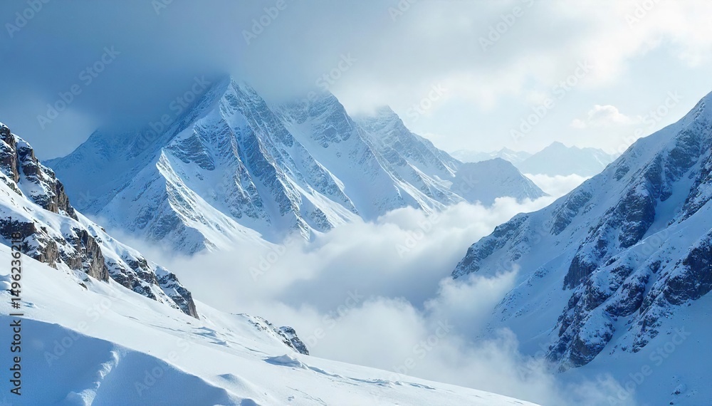 Obraz premium Majestic snow-covered mountain peaks shrouded in a heavy blizzard, a dramatic winter wonderland scene The swirling snow creates a sense of awe and isolation , snowdrift, winter, alpine