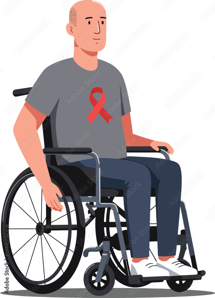 Man Sitting in Wheelchair Wearing Gray T-shirt with Red Awareness Ribbon Illustration Vector Design Man Sitting in Wheelchair Wearing Gray T-shirt with Red Awareness Ribbon Illustration Vector Design