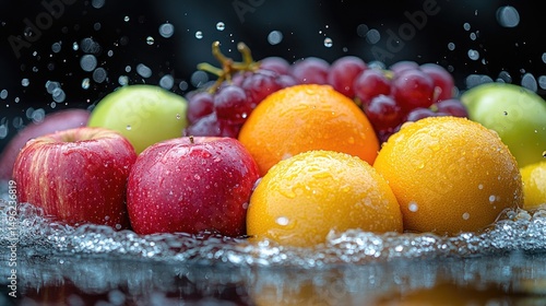 Fresh fruit splashing in water. Vibrant, colorful fruits like apples, oranges, and grapes are immersed in water splashes, creating a dynamic visual