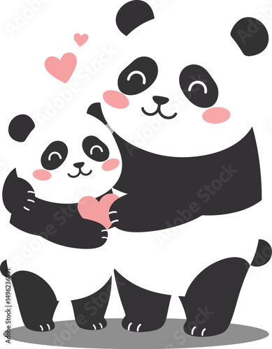 Cute panda bear hugging baby panda with pink hearts love illustration vector art 