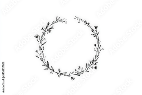 Floral wreath illustration featuring delicate flowers and leaves in a circular arrangement, perfect for decorative purposes, invitations, or artistic designs with copy space