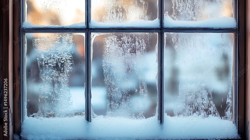 Naklejka premium Frosty window pane adorned with ice crystals in winter.
