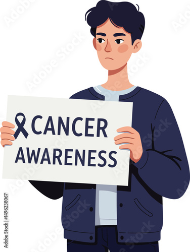 Young man holding cancer awareness sign with black ribbon promoting health education and support for patients and research 
