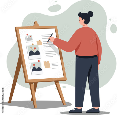 Woman writing on presentation board with images and text in casual setting vector illustration 