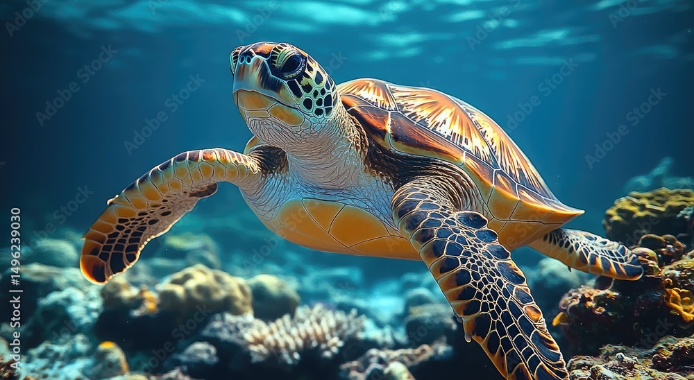 Obraz premium Sea turtle swimming in vibrant coral reef