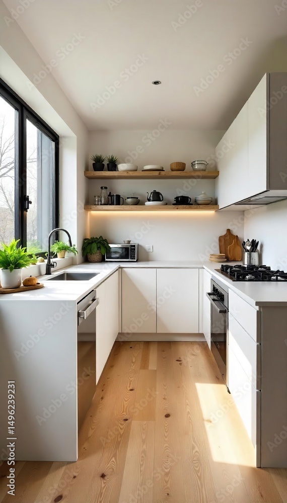 Fototapeta premium A bright, modern shared kitchen with stainless steel appliances, ample counter space, and sleek cabinetry Perfect for apartment living or co-working spaces , stainless steel appliances, faucet