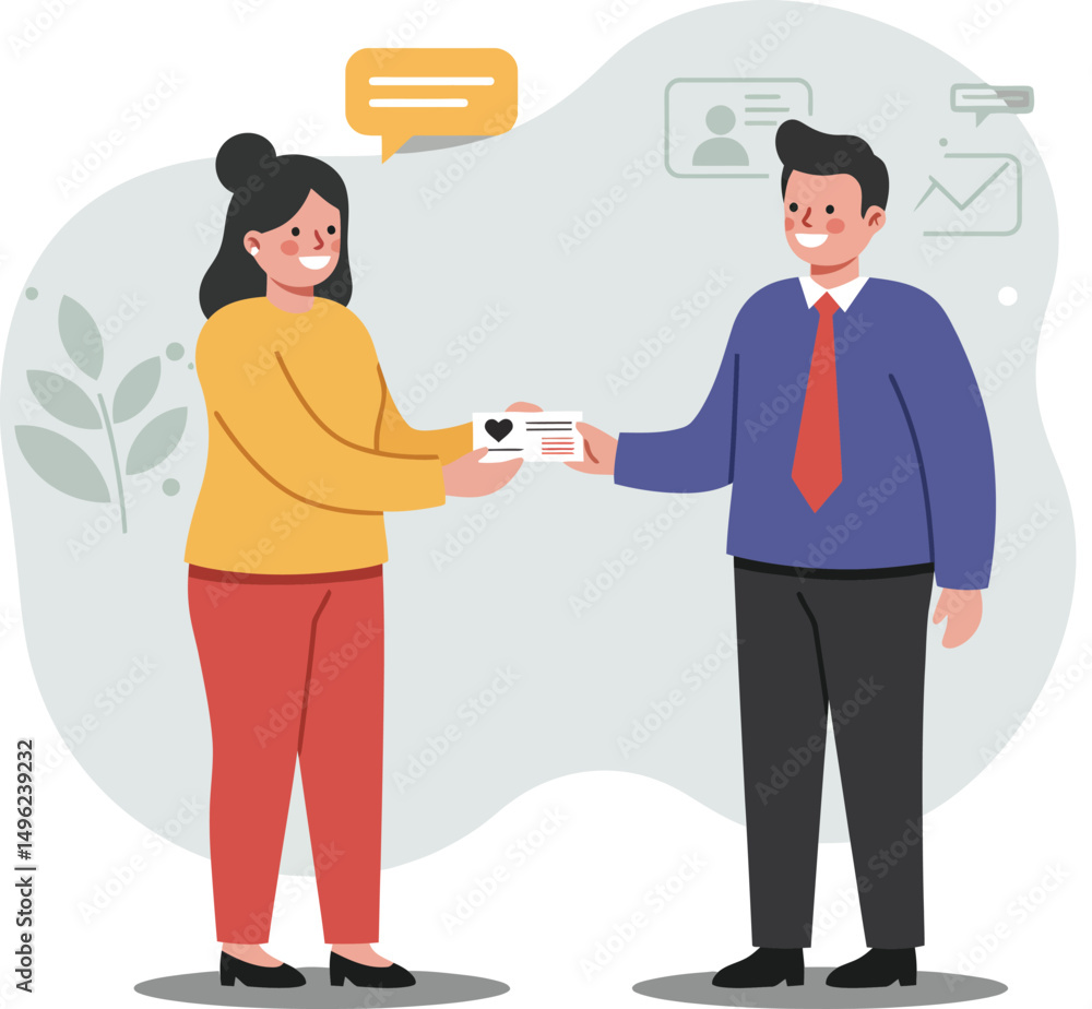 Fototapeta premium Business teamwork collaboration with man and woman exchanging credit card in professional office setting vector illustration 